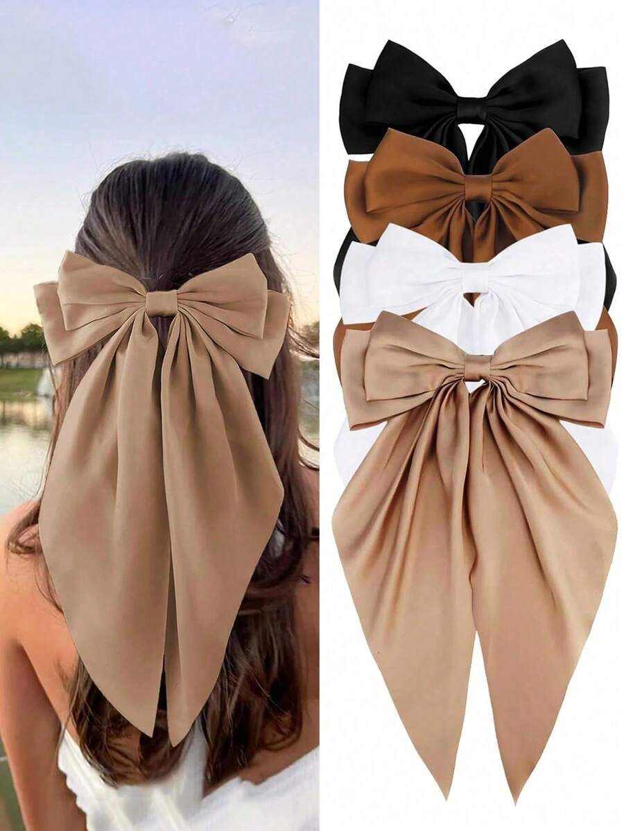 4 Girls Hairpins, Black Bow, White Bow, Pink Bow, Girls' Hairpins, Ribbon Ribbons, Bow Hairpins, Satin Hairpins, Satin Hairpins, Long Tails, Clips On Bow Party Hairbands - Multicolor - View 1