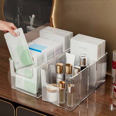大容量亚克力化妆品收纳盒，面膜收纳盒，透明隔层收纳盒，台面护肤品收纳架
