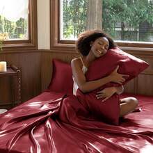 New-  Satin Sheets Full Size - 4 Piece Burgundy Bed Sheet T  Silky Microfiber, 1 Deep Pocket Fitted Sheet, 1 Flat Sheet, And 2 Pillowcas - Ooth And Soft - 勃根地酒紅 - 查看 7
