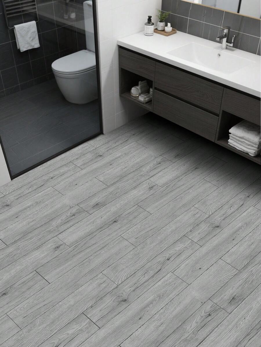 1 Roll 40cm (15.7in) Wide Light Gray Wood Grain Self-Adhesive Floor Sticker, Waterproof Moisture-Proof Anti-Slip Vinyl Floor Decal, Removable For Bathroom Kitchen Living Room Home Decor