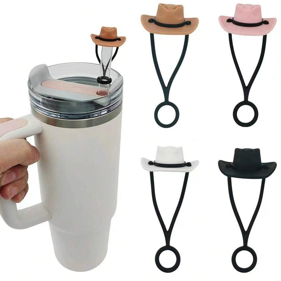 1 /4pcs-Cowboy Hat Straw Head Cover, Silicone Reusable Dust-Proof Straw Cover, Cute Silicone Cup Straw Cover - Protect Straw, Cup Accessory, Silicone Cowboy Hat Straw Cover, Gift For Men And Women, Cute And Funny Straw Cover, Easy To Install.