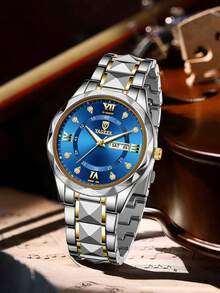 Set de 2 relojes de cuarzo casuales unisex con correa de tono plateado, esfera con escala mixta y función de calendario, adecuados para uso diario o como regalo para vacaciones - Azul - Ver 2