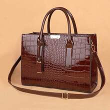鳄鱼压纹顶部提手包优雅双提手 PU，母亲节送给妈妈的礼物，女士包优雅、抢眼的女士工作包 - 棕色 - 查看 4