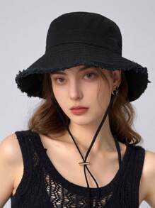 1pc Women's Spring Summer Autumn Solid Color Fringe Drawstring Bucket Hat, Large Brim For Sun Protection, Adjustable Headband, Fashion Accessory