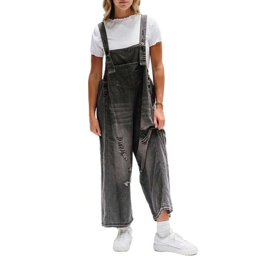 Women Loose Adjustable Strap Denim Bib Overall Jeans Distressed Wide Leg Baggy Overalls Jumpsuit - Black - View 1
