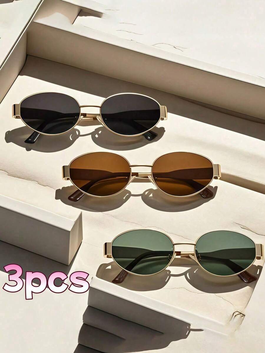 1 件/2 件/3 件女士金属框椭圆形时尚眼镜，适合日常使用、旅行、度假、海滩