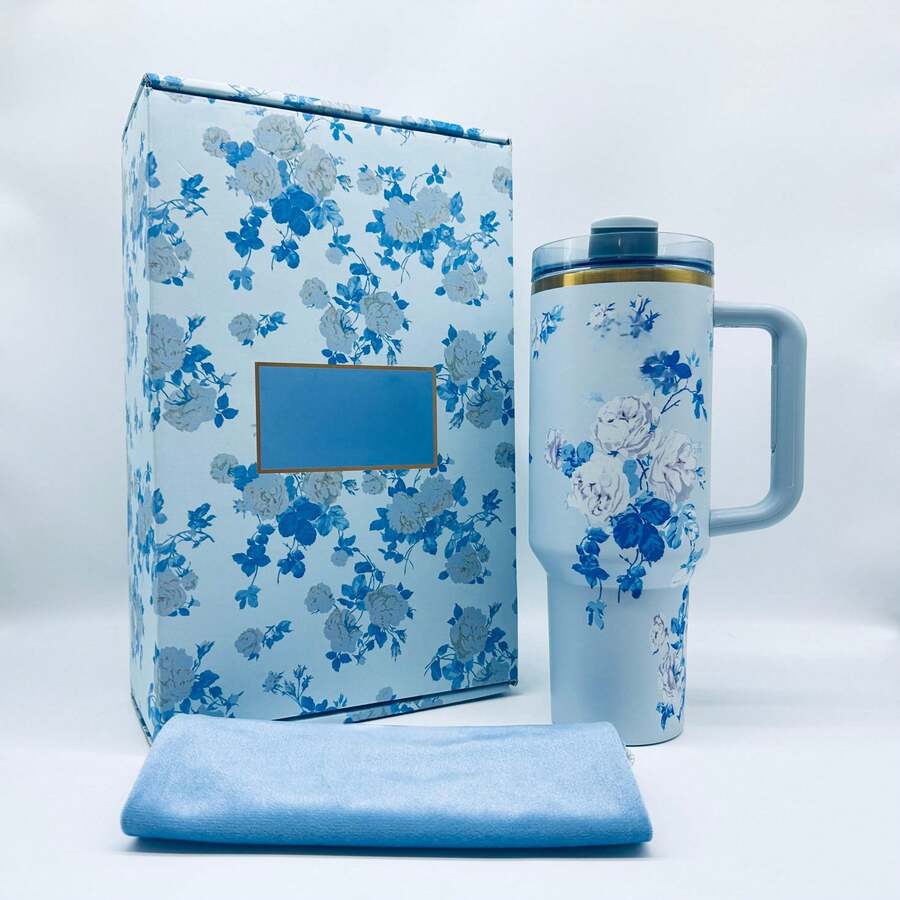 Beautiful Cup--40-Ounce Stainless Steel Strap Straw And Handle Vacuum Cup Gift Set, Suitable For Travel Vacuum Cup As A Gift,Official Logistics Supported - Hoa màu xanh - Xem 1