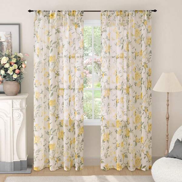 1 paneel 84 inch lange bloementransparante gordijnen voor meisjeskamer, vintage boerderijstijl, lichtfilterende privacy semi-transparante linnen gordijnen voor kinderkamer, roedezak, roze, elk 52 inch breed