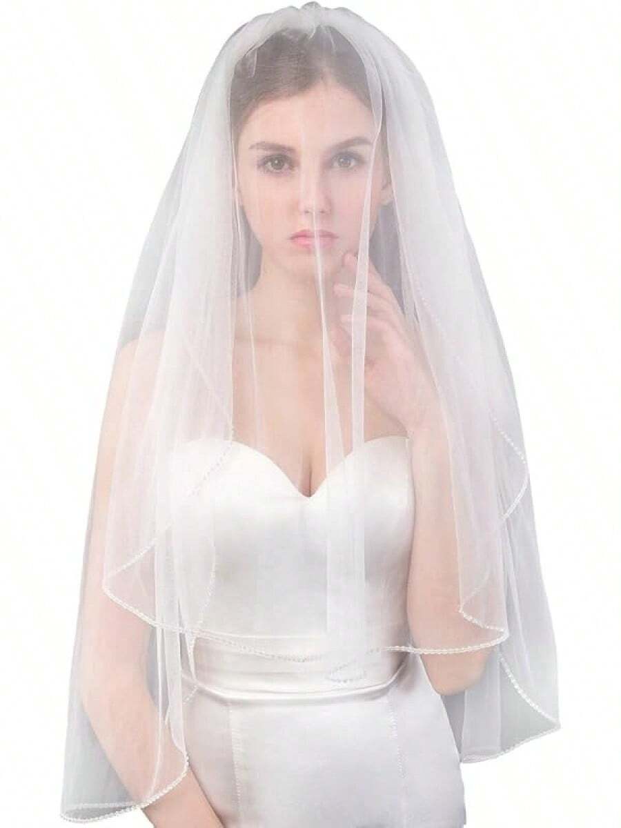 Short Wedding Veil With Comb - 2 Tier Bridal Veil, 24" Length Tulle Bride Accessories For Women - Ngà 3 & Có hạt - Xem 1