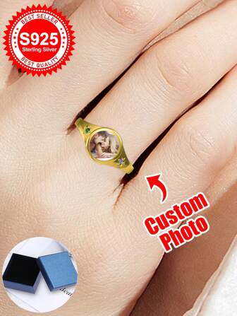 S925 Sterling Silver Custom Photo Ring With Star - Embellished Design - A Timeless Gift For Lovers, Family, And Friends. Ideal For Celebrating Birthdays, Anniversaries, Valentine's Day, Christmas, Or Any Memorable Occasion.