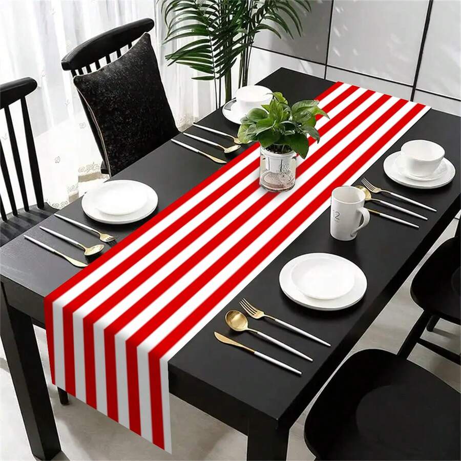 1 pieza Elegante Camino de Mesa a Rayas Rojo y Blanco - Estilo Campestre, Tela de Poliéster, Ideal para Cocina, Comedor, Fiesta, Decoración del Hogar, Tocador o Decoración de Sobremesa, Decoración de Mesa de Comedor - Rojo y blanco - Ver 1