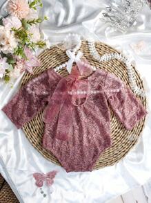 2 pezzi Tutina in pizzo e fascia per neonati, completo di fotografia per bambine con decorazione in tulle, accessorio fotografico per neonati