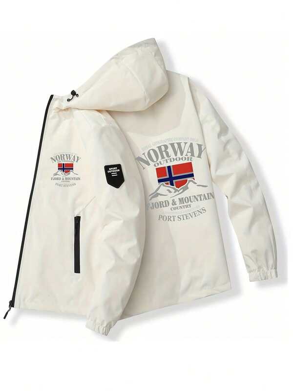 1pc Men's Beige Printed Hooded Casual Jacket, Suitable For Everyday Wear