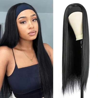 32 英寸直发头带假发 黑色耐热合成发 女士头带假发 全机织假发 女士