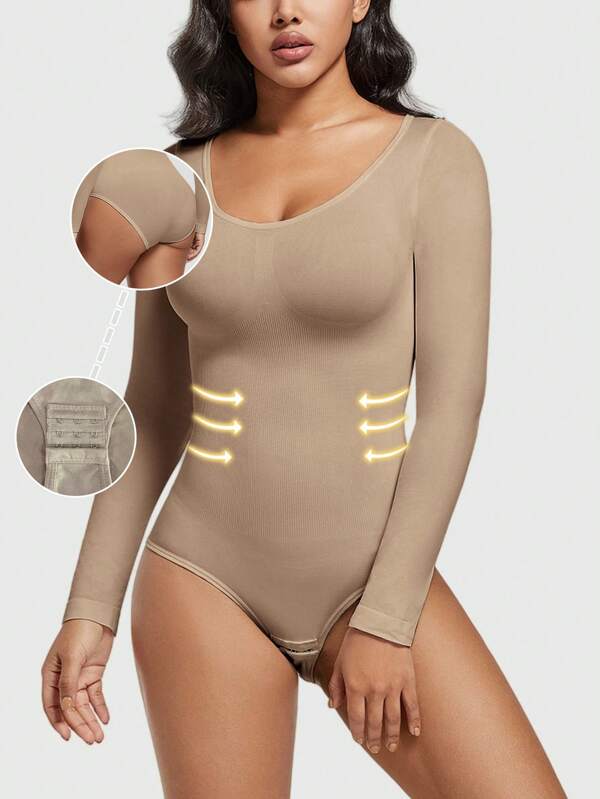 Women's Apricot Bodysuit Shapewear Tummy Control Butt Lift Seamless Bodysuit Long Sleeve