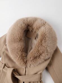 女士羊毛混纺大衣，配人造毛皮领、袖口和腰带 - 时尚长款外套，适合寒冷天气 - 駝色 - 查看 4