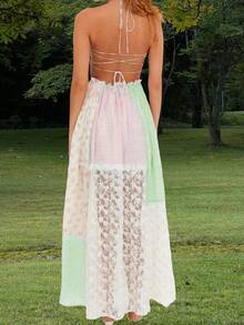 Boho Maxi Dresses For Women Summer Backless Cami Long Dress Vintage Floral Printed Lace Patchwork Spaghtti Strap Dress Color Block Flowy A-Line Casual Sundress Beach Vacation Dresses Clothes Outfit - 綠色 - 查看 3