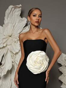 Vestido ajustado con vendaje y decoración de flores 3D, vestido de cóctel de silueta ajustada para ocasiones formales - Negro - Ver 3