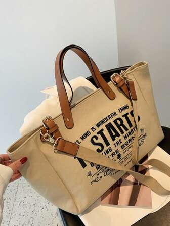 女士可重复使用字母印花手提包，帆布休闲单肩包，大容量学校杂货店购物袋超大加厚手提包，女包，帆布行李袋，旅行包，单肩包