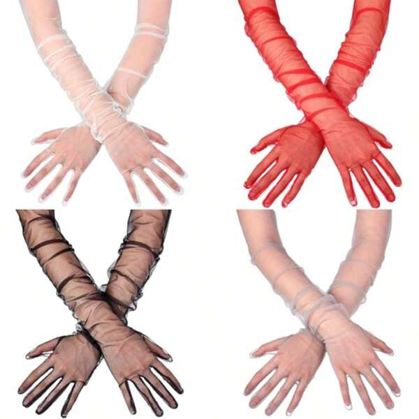 1 Pair Sheer Tulle Gloves For Women Long Mesh Wedding Gloves Elbow Length Opera Party Red Black White Gloves