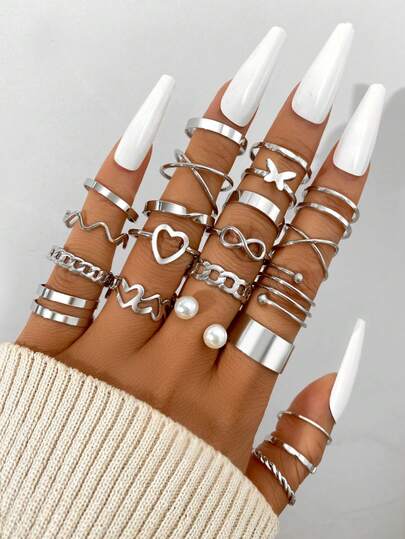 Set di 46 anelli multi-giuntura, con design a cuore, perla finta, foglia e farfalla, set di anelli unici per donna, adatti per vacanze, appuntamenti, regali, casual, feste