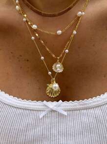 3pcs European Style Multi-Layer Faux Pearl & Shell Pendant Necklace, Bohemian Metal Snake Chain Necklace For Women, Versatile Layered Choker Necklace Suitable For Beach And Vacation Wear