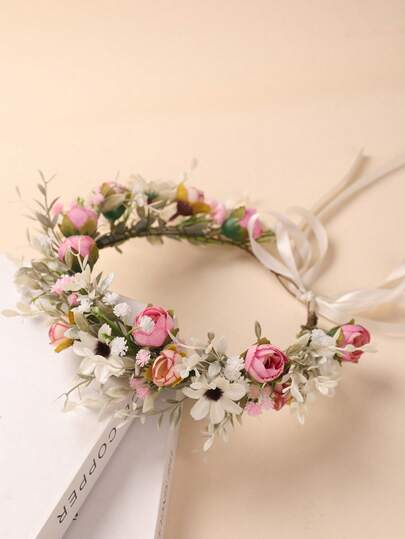 1pc Pink Rose Flower Boho Bridal Wedding Flower Crown Tiara Hair Garland Costume Crown, Hawaiian Outfit For Women, Party, Girly, Gifts, Hair Accessories, Head Accessories, Bride To Be, Valentines Accessories, Hair Accessories For Women