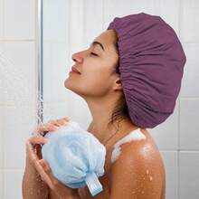 Gorro de Ducha Reutilizable para Mujeres, Gorro de Ducha Impermeable, Gorro de Baño Lavable con Banda Elástica para Cabello Largo, Trenzas (Rosa) - Cuero morado - Ver 5