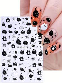 Pegatinas de uñas de 3D Halloween con gato negro, fantasma, serpiente, huesos de mano, pétalos de margarita, líneas de graffiti irregulares, setas, ojo malvado, lágrimas del diablo - 5 piezas - Decoración de manicura para salón - Suministros de uñas para autoadhesivo de esmalte de gel - Diseños otoñales e invernales Y2K