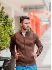 Men's Winter Coat Wool Knit Men's Jacket With Pocket And Zipper - Brown - View 2