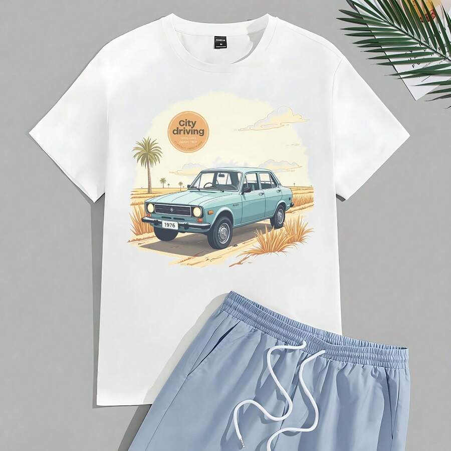 220g Cotton T-Shirt - City Driving 1976 - Classic Car Graphic , Retro Style, Soft Breathable, Durable Print, 'sWo's Vintage Inspired Top, Perfect Gift For Car Lovers 0001220g Cotton Crew Neck Top With Gentle Be Yours Typography And Pastel Color Design,Subtle Y2K Meets Natural Style, I For Young Wo Seeking A Calm,Great Gift For A Gentle Soul,Casual Yet Elegant Daily Wear For Garden Walks, Coffee Dates, Art Museums, Or Reading Nooks - White - View 1