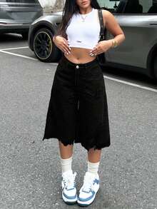 女式不对称下摆破洞7/10长度牛仔裤 - 黑色 - 查看 4