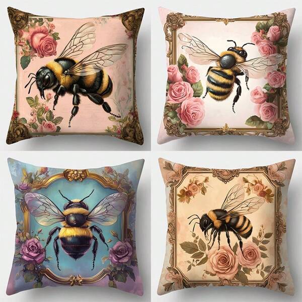 4pcs Vintage Flower & Bee Printed Pillow Covers, 17.7"X17.7", Single-Sided Printing, Home Decor Sofa Lumbar Cushion Covers (Pillow Inserts Not Included)