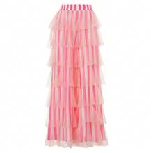 Women  Cute Pants Casual Layered Mesh Ruffles Stripe Print Elastic Trousers For Daily Streetwear - Hồng - Xem 1