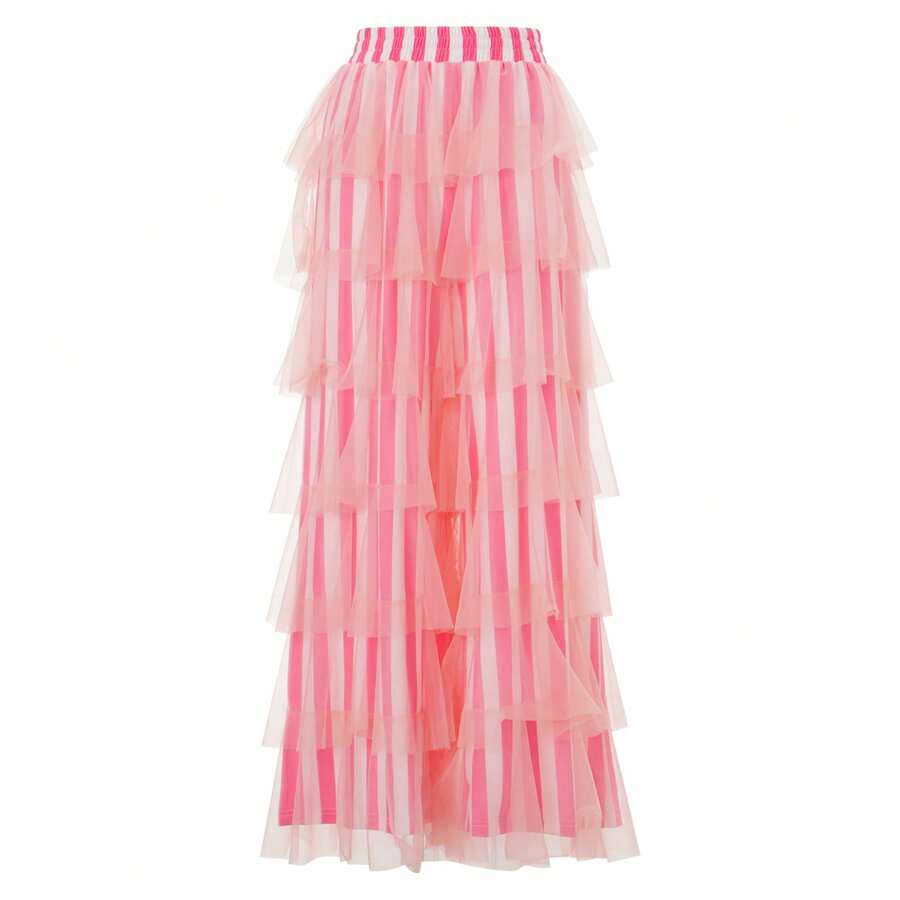 Women Cute Pants Casual Layered Mesh Ruffles Stripe Print Elastic Trousers For Daily Streetwear - Hồng - Xem 1