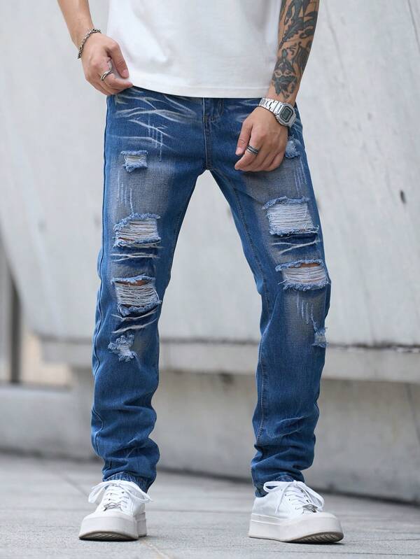 Men's Fashionable Casual Outdoor Activity Streetwear Pants, Ripped Jeans Suitable For Hiphop Dancing Parties, Jogging, Versatile And Comfortable