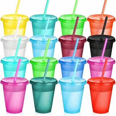 20 piezas Vasos reutilizables con pajitas y tapas, tazas de viaje para café helado, vasos de plástico para adultos, adecuados para cumpleaños, bodas, despedidas de soltero, fiestas de playa hawaiana, reuniones familiares, 16oz (colores vibrantes)