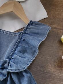 Summer New Baby Girls' Cute Bow Decor Cap Sleeves Denim Dress, Casual