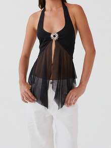 Women Sleeveless Halter Tops Summer Beach Vacation Tops Tie Up Backless Sheer Mesh Split Shirts For Streetwear Aesthetic Grunge Clothes - 黑色 - 查看 5