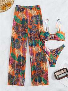 Tropical Print High Slit 3 Piece Bikini Set, Summer Beach Cover Up, 3 Pieces Beach And Vacation Outfits Set For Women: Ruched Strappy Bikini Swimsuit Set With Hard Cup + Semi-Sheer Botanical Print Bottoms - 橘色 - 查看 4