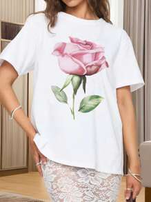 Women's Loose Tops Summer Causal Fruit Print/Rose Print Loose Round Neck Half Sleeve T Shirt