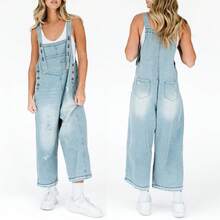 Women Loose Adjustable Strap Denim Bib Overall Jeans Distressed Wide Leg Baggy Overalls Jumpsuit - Black - View 7