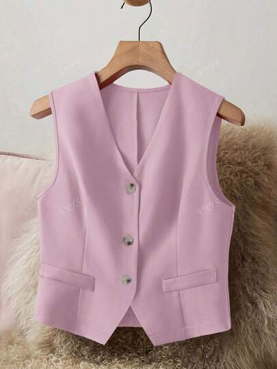 Elegante mouwloze V-hals colbert voor dames, modieuze gilet met knoopsluiting aan de voorkant voor alle seizoenen