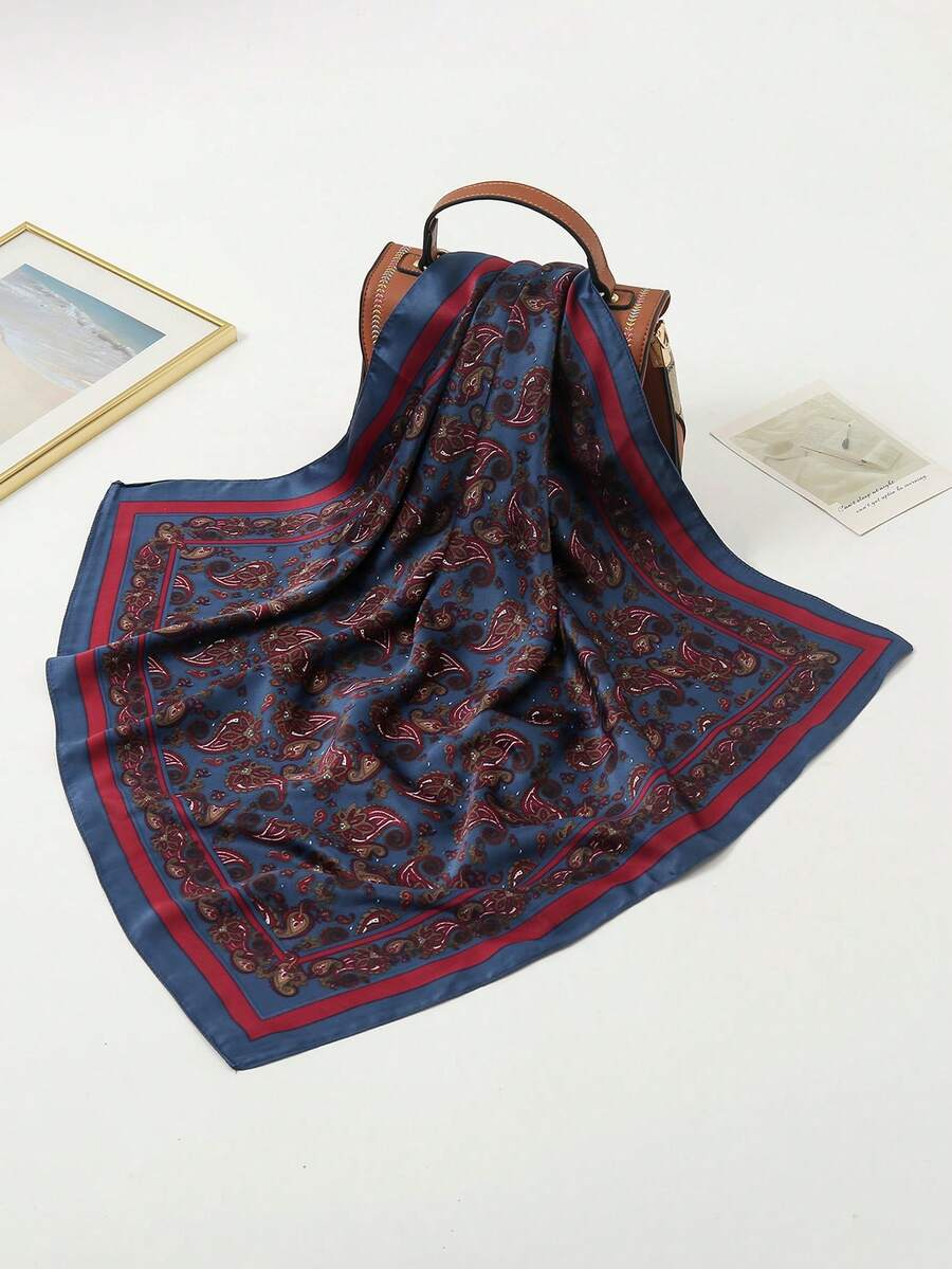 1pc Simple Printed 55cm Square Scarf, New Style Spring Bandana, Fashion Headband, Waist Decor, Hair Tie For Women - Burgundy - View 1