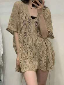 1pc Women Loose Knitted Cover Up Shawl, Thin Lightweight Hollow Out V-Neck Kimono Summer Cover Up For Dress - Khaki - View 6