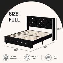 Queen Bed Frame With Headboard, Velvet Upholstered Bed With Wingback And Diamond Tufted Design, Wood Slat Support,  Modern Bed Frame, Twin Bed Frames/ Full Size Bed Frame/ Queen Bed Frame/ King Size Bed Frame Black/Pink/White/Blue/Green/Purle - 黑色 - 查看 8