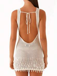 Women Y2k Knitted Mini Dress Sleeveless Crew Neck Backless Hollowed Bodycon Dress Summer Fitted Dress