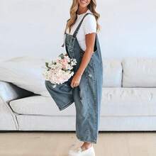 Women Loose Adjustable Strap Denim Bib Overall Jeans Distressed Wide Leg Baggy Overalls Jumpsuit - Black - View 4