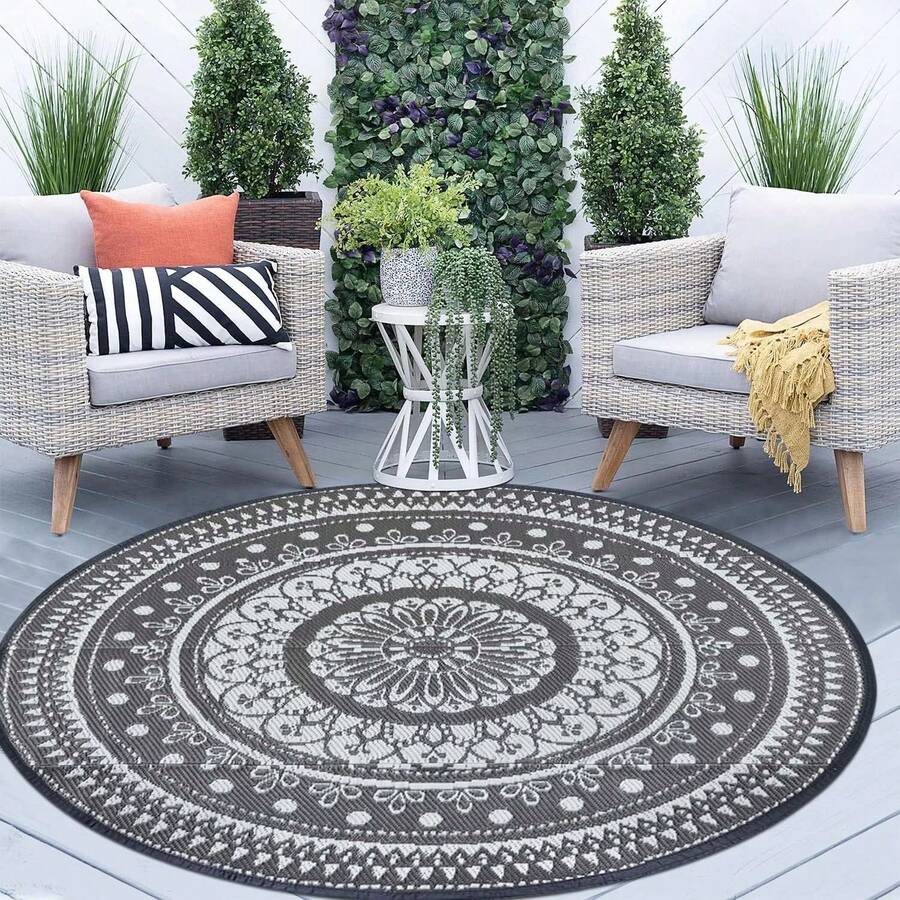 Round Outdoor Rugs For Patios Waterproof 240cm Reversible Camping Mat And Rug Plastic Outdoor Rugs For Garden Large Floor Area Rug For Outdoors Garden RV Trailer Backyard Deck Picnic Grey - Grey/White - View 1
