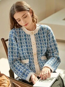 Knit Mix Women's Knitted Geometric Pattern Commuter Shirt, Suitable For Autumn/Winter, Round Neck Long Sleeve With Pocket, Regular Loose Fit, Comfortable, Back To School Season - Blue and White - View 4